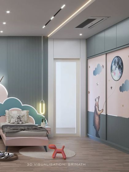 An alternate kids' bedroom design with a whimsical cloud-shaped headboard, pastel colors, and charming bear-themed wardrobe art.