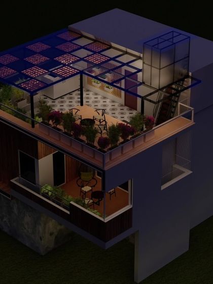 This multi-level 3D visualization shows how I can design complex structures that integrate seamlessly with your home's architecture. It includes a terrace pergola, a lower balcony, and a connecting staircase, all planned for a cohesive look.