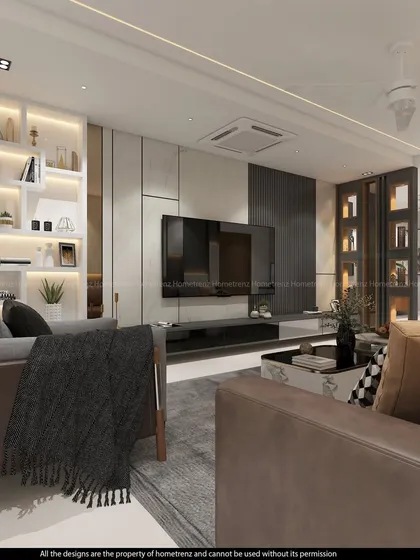 A bright and airy living room featuring a large, comfortable sofa, backlit display shelves, and a mix of leather and fabric textures. The design is open, inviting, and perfect for family life.