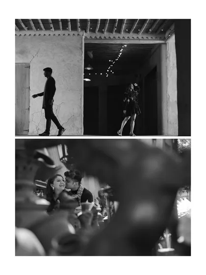 A diptych from the Dubai shoot that showcases storytelling through contrast. One frame is distant and architectural, the other is an intimate, candid close-up.