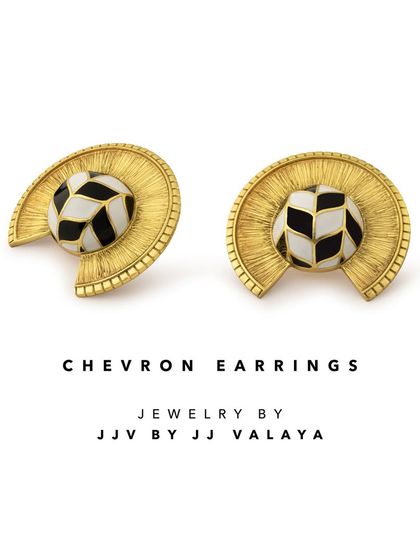 The Chevron Earrings by JJ Valaya, featuring his signature black and white enamel work. These modern, graphic studs are a chic addition to any contemporary wardrobe.