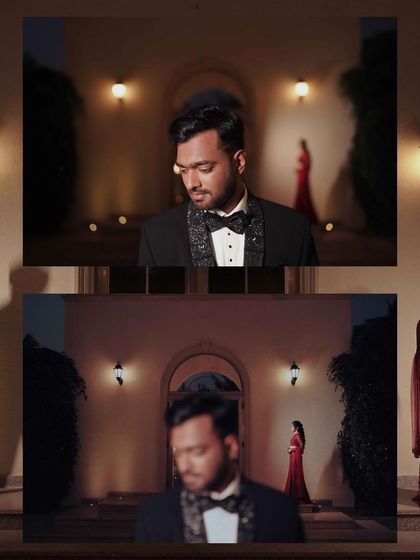 A creative collage of the groom, with the bride in her stunning red gown in the background. This tells a story of anticipation and romance.