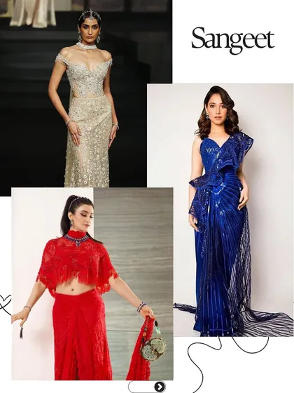 Sangeet night is the time for bold choices. This board features looks in shimmering ivory, royal blue, and fiery red, perfect for a night of music and dancing.