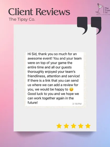 A duplicate of ID 123, this review thanks us for an "awesome event" and praises our team's friendliness, attention, and service. We are always happy to hear that our guests thoroughly enjoyed their experience.