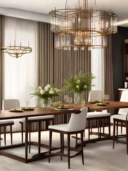 An elegant and formal dining room concept. The design features a large wooden table, upholstered chairs, and a statement chandelier, perfect for hosting dinner parties.