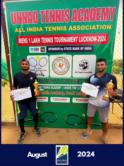 A graphic celebrating NTC player Sajal Kesarwani's performance as a doubles runner-up in the AITA Men's 1 Lakh tournament in Lucknow.