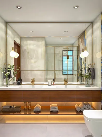I believe bathrooms should be personal sanctuaries. This spa-style master bathroom features a floating dual vanity with warm under-lighting, a striking blue and gold agate-patterned wall, and a spacious glass shower enclosure for a truly luxurious feel.