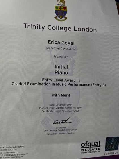 Congratulations to Erica Goyal for passing her Initial Piano exam from Trinity College London with Merit. We are so proud of her achievement.