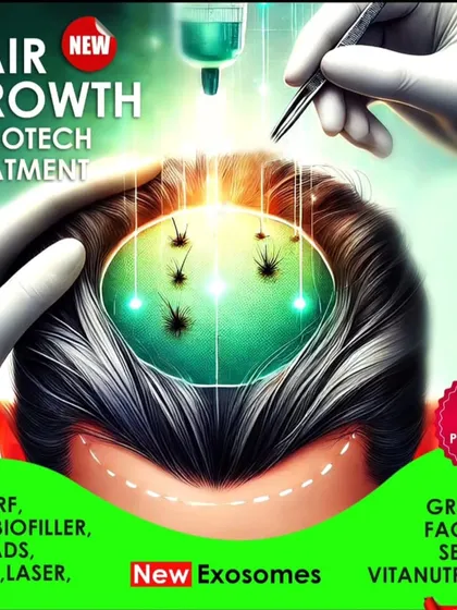 We are always bringing the latest innovations to our clinic. This image showcases our range of advanced non surgical treatments, including next generation Exosome therapy. These nanotech solutions work at a cellular level to awaken dormant follicles and stimulate significant hair regrowth.