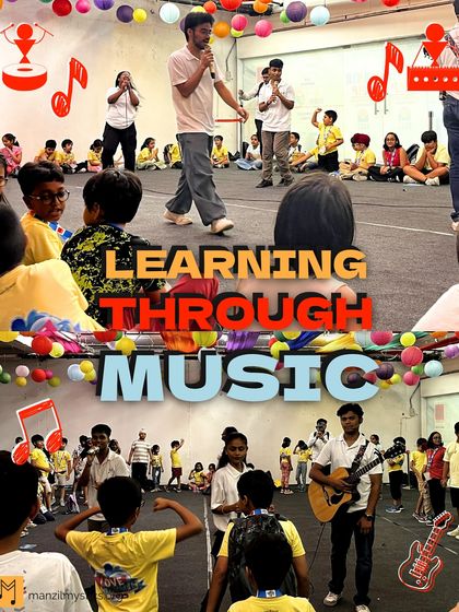 A collage from our "Learning Through Music" summer camp. We transformed a mall space into a vibrant classroom, where over 120 kids wrote and sang their first original songs.