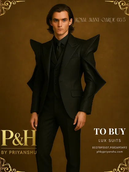 The avant-garde suit in a formidable midnight black. This shot captures the model's direct gaze, emphasizing the suit's power and the way the sculpted shoulders frame the physique.