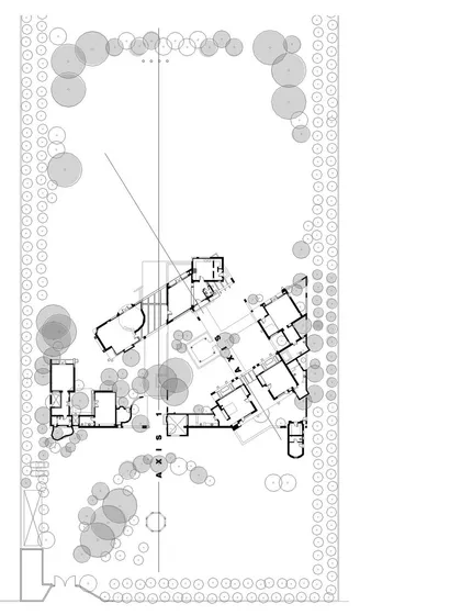 The site plan for the House of Axes in New Delhi. The design is generated through a series of axes that respect the formal planning of ancient Delhi and punctuate the site with historical elements like 200-year-old stone columns.