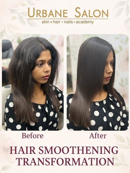 A classic hair smoothening transformation. This before-and-after image clearly shows the transition from frizzy and unmanageable hair to a perfectly smooth and straight style.