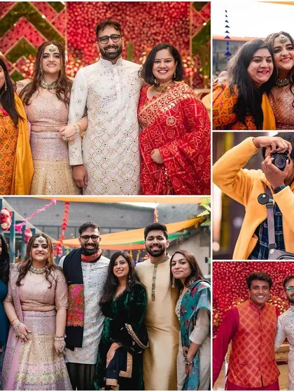 A collage of group photos with friends and family at the Mehendi. These pictures capture the fun and supportive atmosphere, showing the people who are there to celebrate the couple's love.