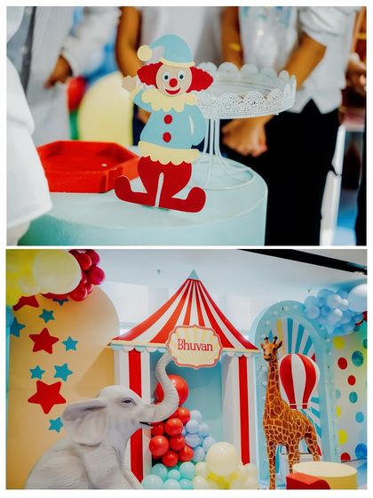 A collage showing a close-up of a clown prop and a wider view of the circus stage, featuring an elephant, giraffe, and big top tent.