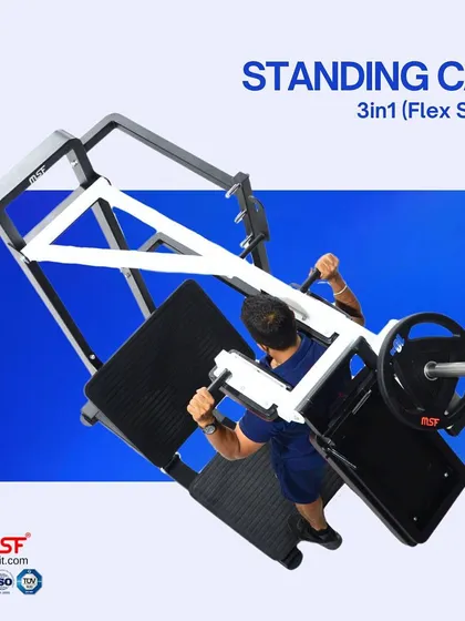 The standing calf raise function shown from an overhead perspective. This highlights the space-saving and multi-functional design of our Flex Series equipment.