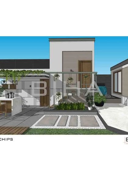 The "White Chips" terrace garden concept for a New Delhi home, showcasing a clean, minimalist aesthetic. This design includes a dedicated bar area, stone pathways, and carefully selected planters to create a serene and organized outdoor retreat.