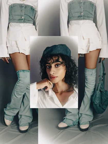 A creative composite image that shows both a close-up portrait and the full outfit. This is a modern approach to a lookbook layout.