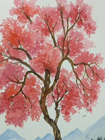 A watercolour painting of a tree with vibrant pink blossoms. This piece explores wet-on-wet techniques to create soft, blended colours in the foliage.