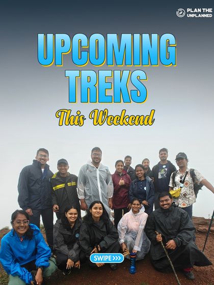 A group of trekkers posing on a misty mountaintop. Explore our upcoming treks for the weekend and get ready for an unforgettable experience.