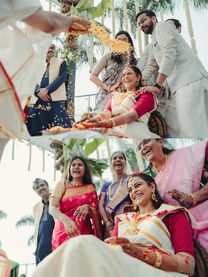 A collage of joyful moments from a traditional ceremony. From the showering of rice to the laughter with family, we ensure every part of your day is filled with happiness.