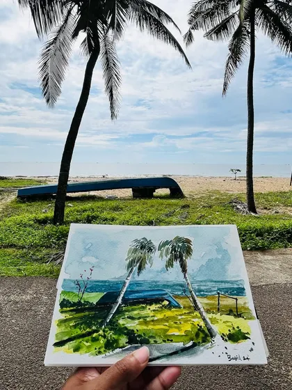 There's a different kind of magic when I paint in my hometown, Tanur in Kerala. This plein air watercolor of the beach, with the coconut trees and a lone boat, feels like capturing a memory. It’s these quiet, simple scenes that I love turning into art.