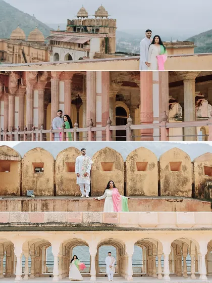 A collage showcasing the scale of Amer Fort, with the couple posed in various spots along the expansive walls and corridors.