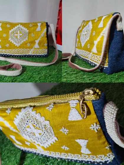 My upcycling services are not limited to denim. I can transform various old fabrics and clothing into unique accessories, like this embroidered sling bag made from a combination of denim and other textiles.