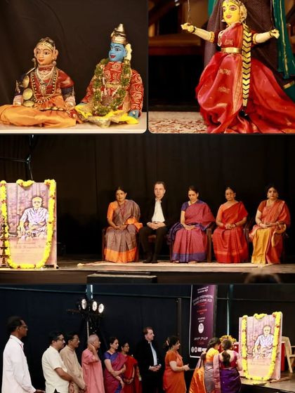 A collage of glimpses from the Dhaatu International Puppet Festival 2023, showing puppets, speakers, and the audience.