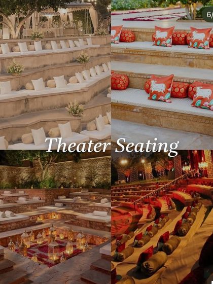 A moodboard showcasing different 'Theater Seating' ideas, perfect for ceremonies or performances, from simple cushions on steps to more elaborate setups.