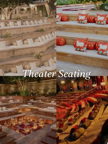 A seating ideas mood board showing various "Theater Seating" arrangements, perfect for ensuring every guest has a great view of the ceremony or stage.