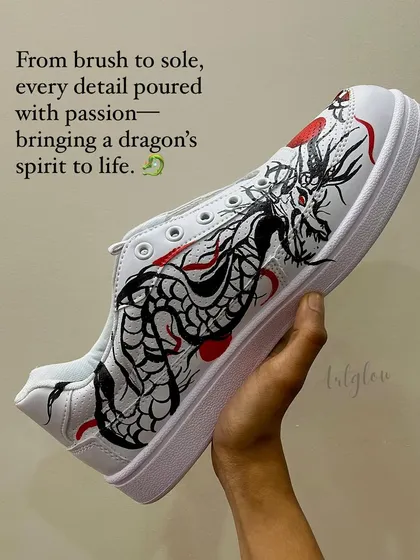 From a simple idea to a wearable legend. I poured hours of passion into these custom sneakers, bringing a dragon's spirit to life with every brushstroke. Each detail is painted by hand to tell a story with every step you take.