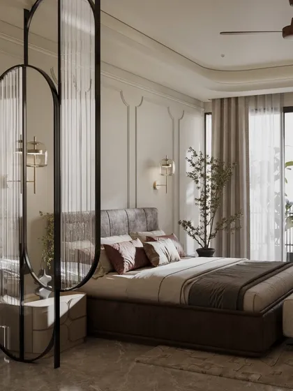 A sleek fluted glass partition provides a sense of entry and privacy in this master bedroom. The design uses a neutral palette of warm browns and soft beiges, with delicate wall paneling adding a touch of quiet sophistication.