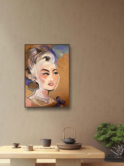 The "pretty woman" portrait shown in a home setting. This helps you visualize how a unique, contemporary portrait like this can become a striking focal point in your decor.