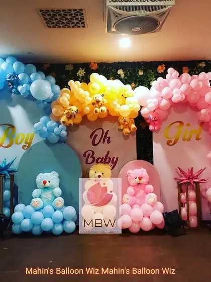 Another shot of the teddy bear gender reveal, showing the full display with three distinct arches and cute bear props.