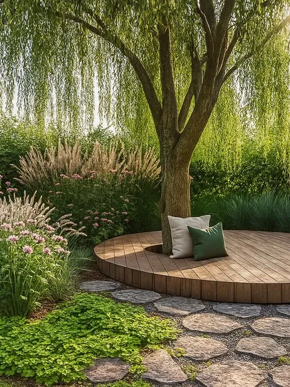 I love creating quiet corners for reflection. This 3D design imagines a simple circular wooden deck built around a weeping willow, surrounded by soft ornamental grasses and a natural stone path. It’s the perfect spot to escape and connect with nature.