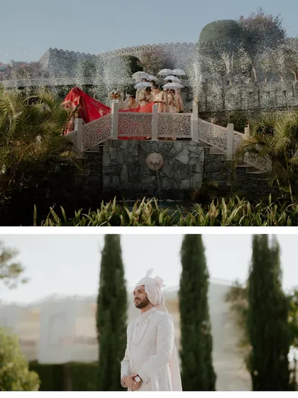 A cinematic shot of the bride's procession making its way across a stone bridge at a palace venue. I manage the logistics of complex entries to ensure they are seamless, safe, and stunning.