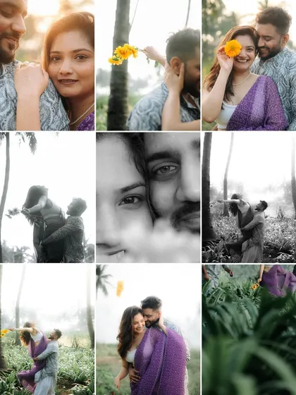 A grid of nine images from a playful and romantic outdoor shoot. This collage showcases a variety of poses, close-ups, and candid moments, highlighting the fun and connection between the couple.