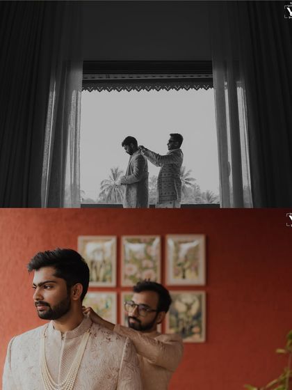A collage of the groom getting ready with the help of his groomsmen. The black and white images capture the bond and the behind-the-scenes moments of preparation.