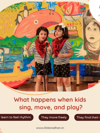 What happens when kids sing, move, and play? They learn to feel rhythm, move freely, and find their voice. Here, two children confidently perform at a microphone, showcasing their newfound skills.