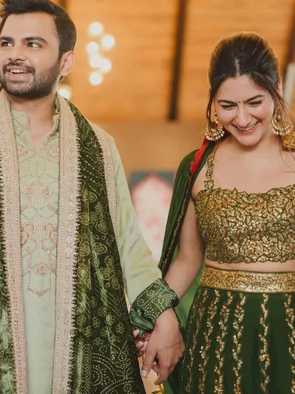 The couple making their entrance at the Haldi ceremony. With dhol players and folk musicians setting the tone, the event kicked off with high spirits and full hearts.