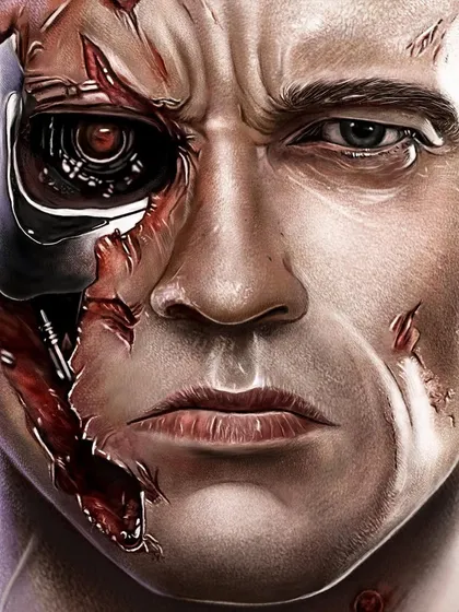A close-up view of the Terminator portrait. You can see the intense detail in both the human eye and the exposed robotic eye, as well as the torn skin and muscle tissue I painted to create a convincing battle-damaged look.