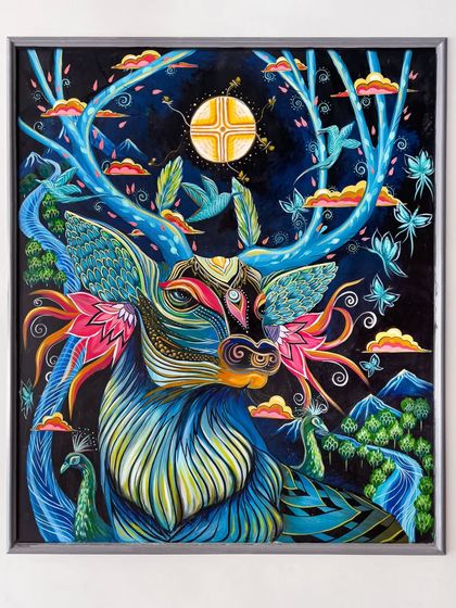 The final 'Celestial Grace' mural. This piece is a fusion of realism and fantasy, with intricate patterns covering the deer's body like carvings.