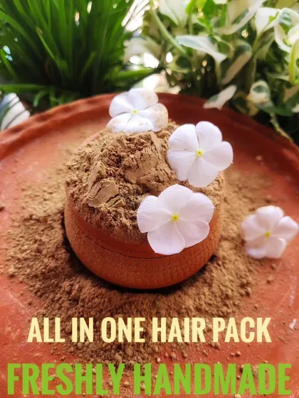 This is my All-in-One Hair Pack, a completely herbal powder that gives your hair a spa-like treatment right at home. I've packed it with natural ingredients to deeply hydrate, soften hair, and fight frizz.