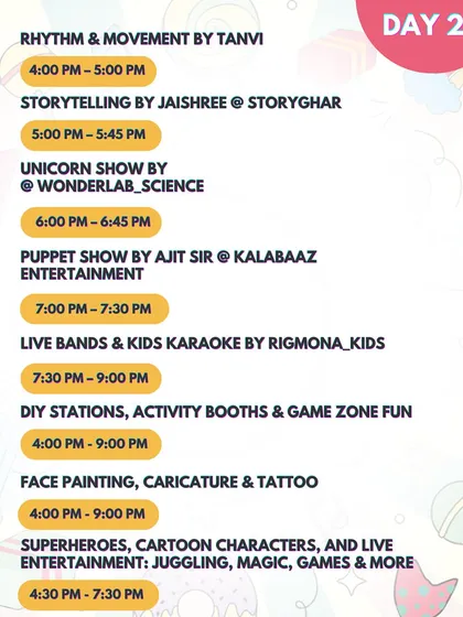 Day 2 of the Candylicious Carnival featured a rhythm workshop, storytelling, a unicorn science show, and a puppet show. I curate a diverse lineup of activities to keep kids of all interests engaged.