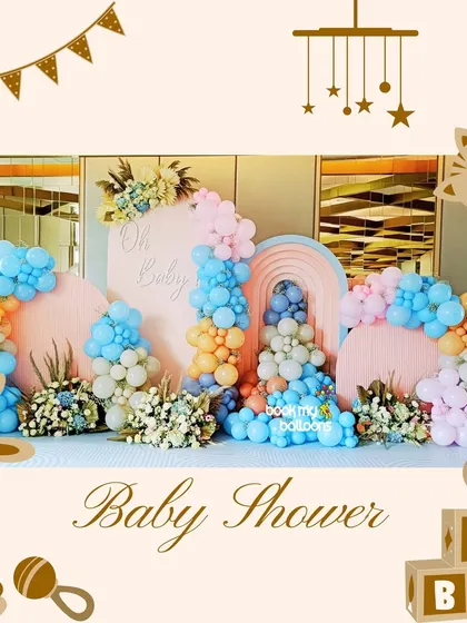 I designed this gentle and elegant pastel balloon arrangement for a beautiful baby shower. The soft blend of blue, pink, and orange balloons, combined with floral accents and custom arched backdrops, creates a warm and welcoming atmosphere for celebrating a new arrival.