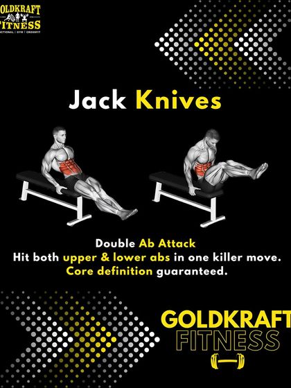 Jack Knives are a killer move because they hit both your upper and lower abs at the same time. This exercise guarantees core definition and is a great addition to any ab routine.