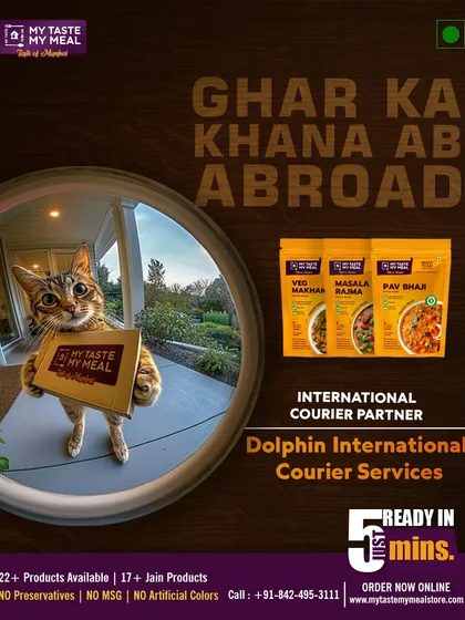 Getting "ghar ka khana" and other essentials abroad is now very easy. We ship our ready-to-eat meals like Veg Makhanwala and Pav Bhaji, along with your other parcels, directly to your door.