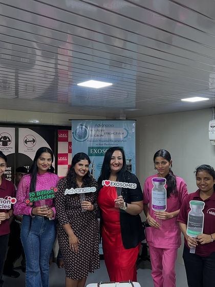 Here I am with my team and partners celebrating the launch of advanced Exosome therapy at my clinic. We are committed to bringing the latest, scientifically-proven regenerative treatments to our patients for both hair and skin health.