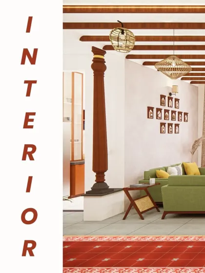 A traditional wooden pillar acts as a beautiful and functional divider between the living and dining areas. This element, inspired by ancestral homes, adds a sense of history and grandeur to the apartment's open-plan layout.